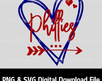 May include: A blue heart with a red arrow and the word "Phyfies" in red lettering. The heart has a double outline and three small red hearts at the top.