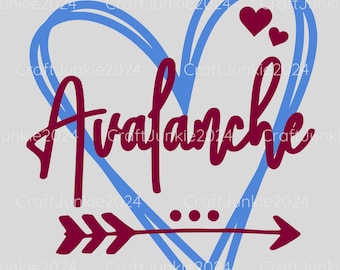 May include: A blue heart with a double outline and three small red hearts inside. The word "Avalanche" is written in a burgundy script font inside the heart. A burgundy arrow with three arrowheads points to the right, with three burgundy dots above the arrow.
