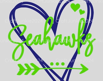 May include: A green heart with the word "Seahawks" inside, surrounded by a double blue heart outline. A green arrow with three feathers points to the right below the heart.