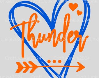 May include: Orange and blue heart with the word "thunder" inside. A small orange arrow with three dots is below the heart.