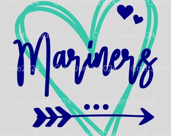 May include: A graphic design featuring the word "Mariners" in a dark blue script, enclosed within a teal heart outline. Two small blue hearts and a blue arrow pointing right are also included on a gray background.
