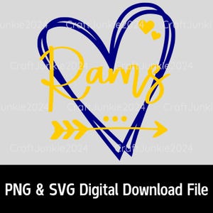 May include: A blue heart with a yellow arrow and the word "Rams" inside. The heart is outlined in black and has three small yellow hearts at the top.