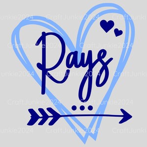 May include: Blue heart with a double outline and a blue arrow with three dots. The word "Rays" is written in a navy blue cursive font inside the heart.