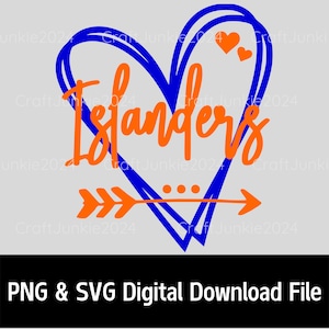 May include: A blue heart with a white outline and the word "Islanders" in orange text inside. An orange arrow with three points is below the heart.