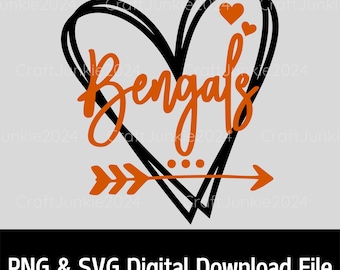 Puede incluir: Un archivo de descarga digital con un corazón negro y la palabra "Bengals" en naranja. El diseño incluye una flecha naranja y dos corazones. El texto "PNG & SVG Digital Download File" se muestra en la parte inferior.