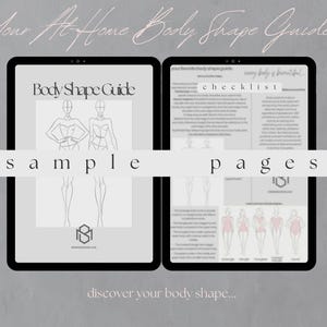 Op de afbeelding: Twee tablets met voorbeeldpagina's uit een gids voor lichaamsvormen. De linkertablet toont een omslag met illustraties en de tekst "Body Shape Guide". De rechtertablet toont een checklist en illustraties van lichaamsvormen.