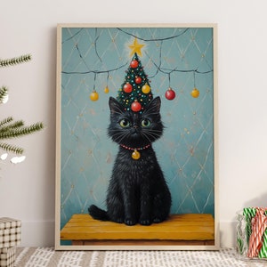 Cat Christmas Wall Art Cat Lover Gift Winter Poster Cat Painting Holiday Wall Decor Festive Print Black Cat Print Nursery Christmas Print