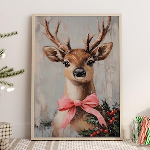 Impressão de rena pintura vintage de inverno arte de parede de natal impressão de natal pôster de inverno estampa animal decoração de parede de feriado arte rústica de natal