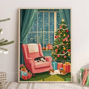 May include: A framed illustration depicts a cozy Christmas scene. A decorated tree stands beside a pink armchair where a cat rests. Another cat lies on the floor. Presents are scattered around the room, and a city skyline is visible through the window.