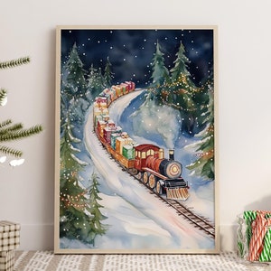 Tren Acuarela Decoración de pared navideña Impresión de invierno Póster imprimible de vacaciones Arte de pared estético navideño Impresión de bosque invernal Póster nevado