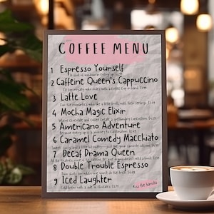 Pôster engraçado do menu de café, arte de parede de bar de café, decoração estética de cozinha, impressão de arte de café fofa, decoração de bar de tipografia, download digital