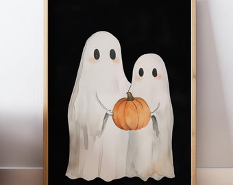 Hand Drawn Ghosts Painting Halloween Watercolor Painting Pumpkin Poster Ghost Wall Art Nursery Poster Aesthetic Halloween Wall Art Printable