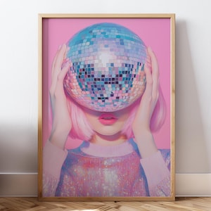 Impresión de bola de discoteca, arte de pared femenino, póster de bola de discoteca rosa, póster pastel, pintura imprimible preppy, póster rosa, impresión de discoteca, póster retro, arte