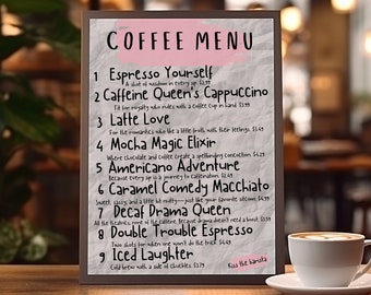 Cartel divertido del menú de café, arte de la pared de la cafetería, decoración estética de la cocina, linda impresión de arte del café, decoración de la barra de tipografía, descarga digital