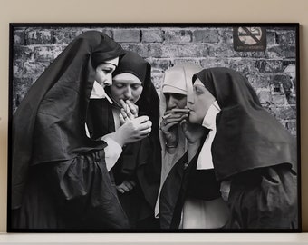 Nuns Poster, Black and White Art, Vintage Wall Art, Funny Wall Art, Printable Photo Decor, Cigarette Vintage Decor, Digital Download