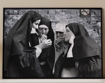 Nuns Poster, Black and White Art, Vintage Wall Art, Funny Wall Art, Printable Photo Decor, Cigarette Vintage Decor, Digital Download