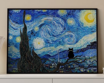 Van Gogh Vintage Altered Poster, Classic Impressionism Painting Gift, Van Gogh The Starry Night, Aesthetic Cat Enthusiasts, Black Cat