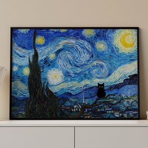 Van Gogh Vintage Altered Poster, Classic Impressionism Painting Gift, Van Gogh The Starry Night, Aesthetic Cat Enthusiasts, Black Cat