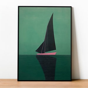 Sailboat Wall Art, Vintage Coastal Painting Decor, Pink Boat Poster, Seascape Painting, Beach House Decor, Coastal Vintage Painting Digital