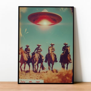 UFO Cowboy Wall Art, Vintage Photography, Alien Wall Art, Old Photo Poster, Alien Encounter, Wild West Poster, Western Wall Decor