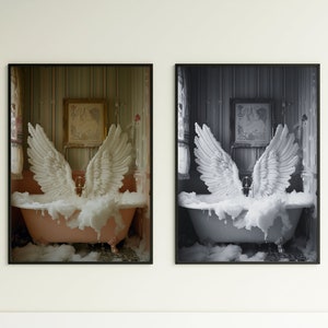 Badkamer Vintage Wall Art, badkuip engel vleugels decor, badkuip muur decor, esthetische badkamer poster, vintage afdrukbare poster, digitale print
