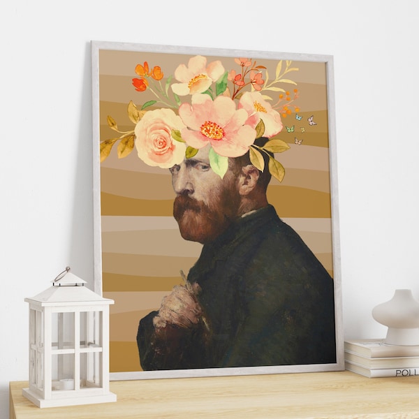 Van Gogh Wall Art, Altered Portrait Poster, Classic Impressionism Painting Gift, Flower Head Art, Vintage Wall Decor, Printable Wall Art