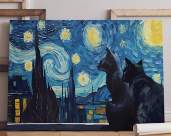 Van Gogh Cat Print Wall Art Cat Lover Gift Home Decor Poster Van Gogh Starry Night Altered Painting Vintage Cat Wall Art Aesthetic Printable