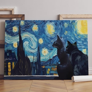Van Gogh gato impresión pared arte gato amante regalo casa decoración cartel Van Gogh noche estrellada pintura alterada vintage gato pared arte estética imprimible