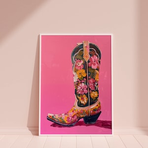 Botas de vaquero impresión vaquera cartel occidental pared arte vaquero flores salvaje oeste pintura rosa pared decoración vaquera pintura descarga digital