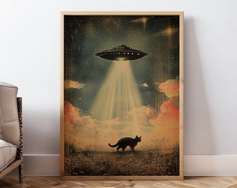 Retro UFO Poster Alien Wall Art Cat Poster Printable Flying Saucer Poster Retro Style UFO Print Sci Fi Wall Decor Aesthetic Digital Download