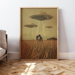 Last Kiss UFO Wall Art Flying Saucer Poster Surreal Wall Art Alien Abduction Retro UFO Poster Aesthetic Wall Decor Sci Fi Printable Poster