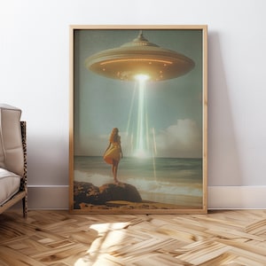 UFO Poster Alien Abduction Surreal Print Wall Art Flying Saucer Print Retro UFO Wall Art Girly Poster For Office Printable Wall Decor