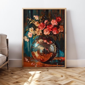 Vintage Disco Ball Pintura Flores Jarrón Arte de la pared Disco Ball Cartel Estética Decoración de la pared Pintura botánica Cartel retro Imprimible Arte de la pared