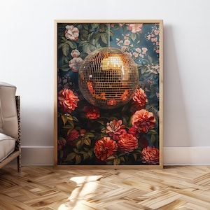 Botanical Wall Art Disco Ball Poster Vintage Print Disco Painting Retro Poster Maximalist Wall Art Vintage Botanical Printable Poster
