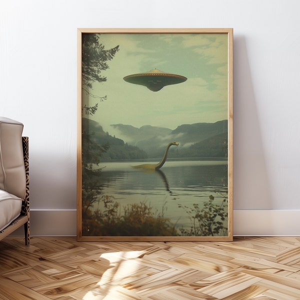 Loch Ness Monster Art UFO Poster Printable Wall Art Surreal Poster Print Aesthetic UFO Wall Art Flying Saucer Poster Digital Download