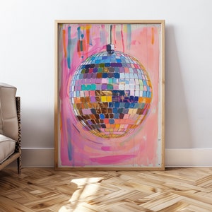 Hand Drawn Disco Ball Painting Printable Wall Art For Home Decor Pink Disco Ball Poster Aesthetic Printable Art Digital Download