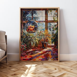 70s Retro Wall Art Disco Ball Pintura Vintage Wall Decor Mirror Ball Poster Gallery Pared Acuarela Pintura para impresión Descarga digital