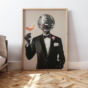 Retro Disco Ball Impresión Pared Arte Bar Cartel Imprimible Disco Ball Head Art Poster Bar Cart Impresión Retro Wall Art Disco Poster 70s Poster Decor