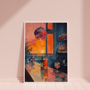 レトロなディスコボールの壁アートバーカートの絵画ミラーボールプリントドリンク壁装飾バーの絵画オリジナル水彩ディスコボールデジタルアート