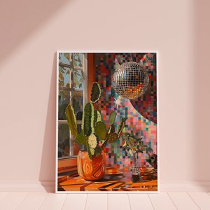 Retro Disco Ball Malerei Kaktus Wand Kunst Retro Digitale Disco Wand Druck Ästhetische Retro Wand Kunst Für Home Office druckbare Retro Malerei