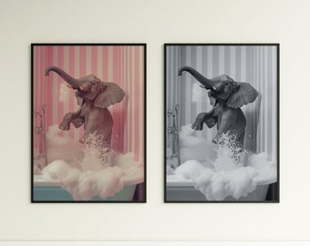 Impression animal dans la salle de bain, art éléphant dans la baignoire, art mural de la salle de bain, décoration murale imprimable esthétique animal, lot de 2, téléchargement numérique