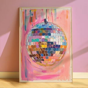 Boule disco dessinée à la main, peinture d'art mural imprimable pour la décoration intérieure, affiche boule disco rose, art imprimable esthétique en téléchargement numérique