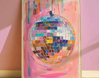 Hand Drawn Disco Ball Painting Printable Wall Art For Home Decor Pink Disco Ball Poster Aesthetic Printable Art Digital Download