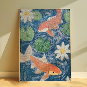 Impresión de arte japonés dibujada a mano, pintura de pez koi, póster a lápiz, decoración de pared imprimible, póster japonés, arte de pared melancólico para decoración del hogar, arte vintage