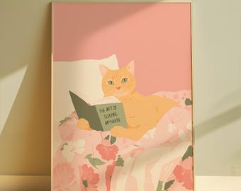 Cat Reading Book Wall Art Printable Cat Lover Art Pastel Cat Decor Book Lover Gift Idea Quirky Animal Nursery Cat Print Pink Digital Art