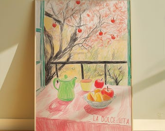 Arte impressa La Dolce Vita desenhada à mão, aconchegante cena de café da manhã italiano, decoração de parede de cozinha com inspiração vintage, impressão de cozinha para sala de jantar