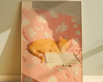 Slapende kat print digitale muur kunst grillige kat kunst afdrukbare kattenliefhebber cadeau roze oranje kat kinderkamer muur decor gezellig schilderij dierlijke kunst