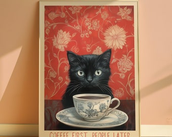 Coffee Cat Poster For Kitchen Printable Wall Decor Cat Print Funny Kitchen Quote Print Vintage Kitchen Animal Print Aesthetic Coffee Poster