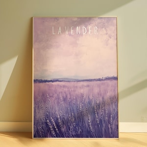 May include: A framed painting of a lavender field with a purple sky and the word "LAVENDER" written in white text.