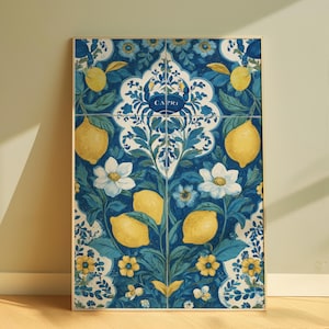 May include: A framed wall art print featuring a vibrant floral and fruit design. The artwork showcases yellow lemons, white flowers, and blue foliage against a dark blue background. The word "CAPRI" is displayed in a blue oval.